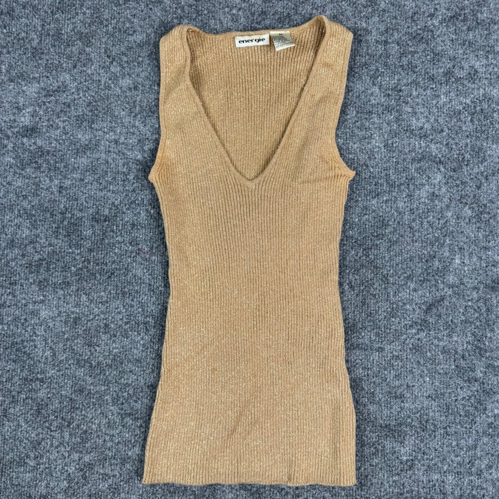 Energie Tank Top Womens M Gold Metallic Ribbed Knit V-Neck Ramie Cotton Blend